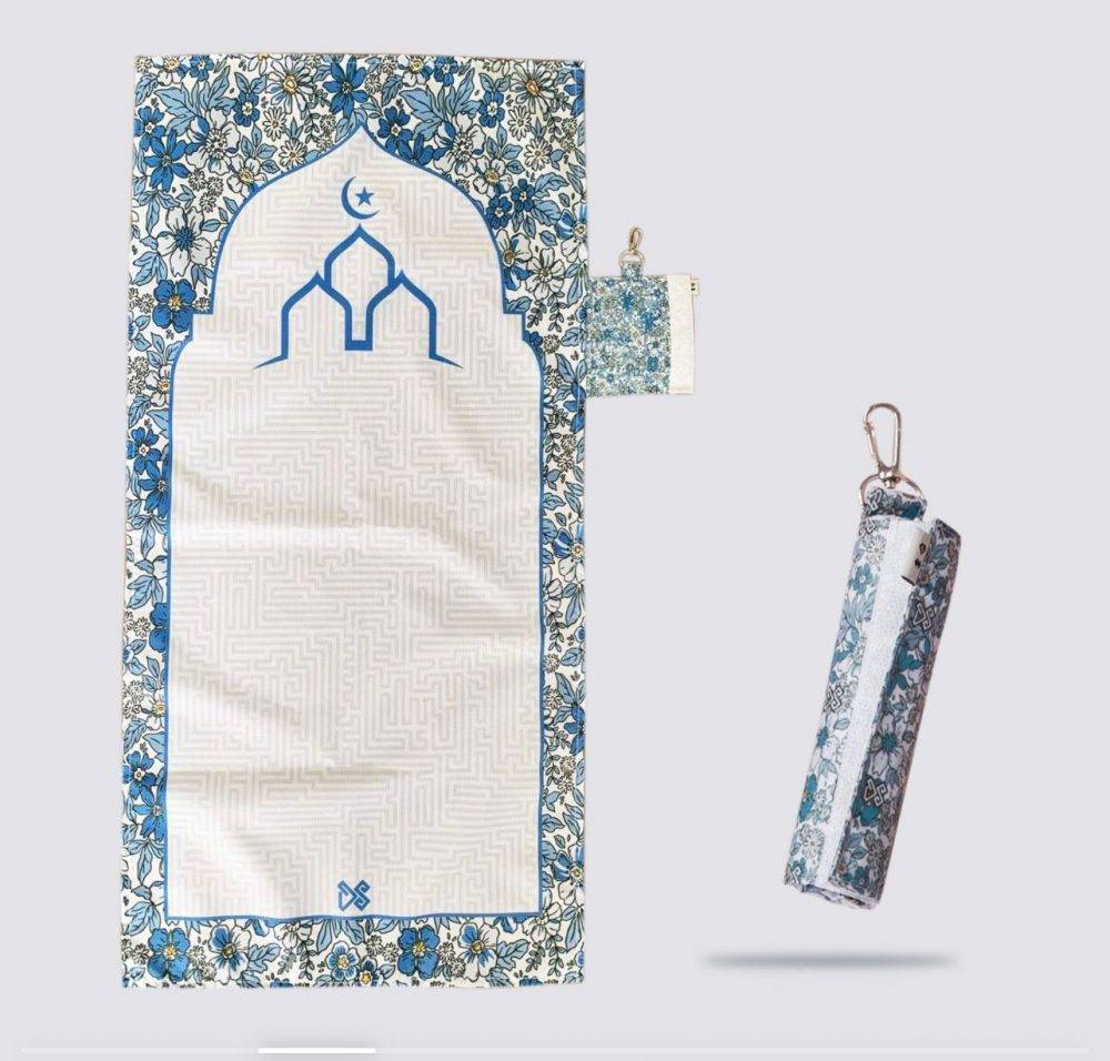 Tapis de prière compact enroulable bleu fleuri